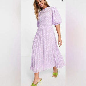 ASOS DESIGN high neck pleated chevron textured midi dress with puff sleeve